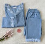Pyjama Chemise Velours Soft & Dentelle Bleu Ciel
