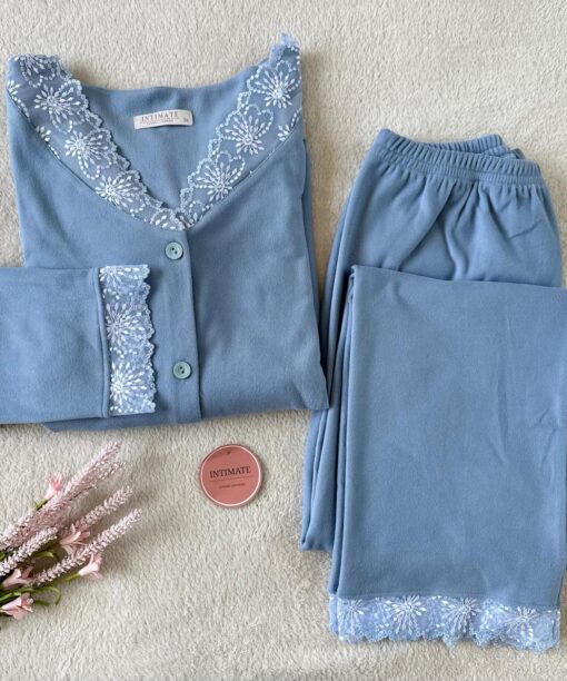 Pyjama Chemise Velours Soft & Dentelle Bleu Ciel
