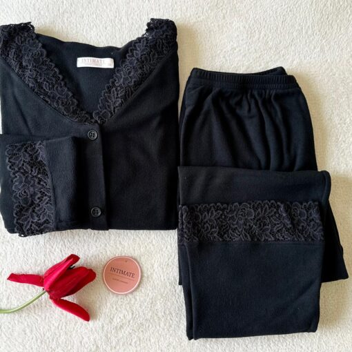 Pyjama Chemise Velours Soft & Dentelle Noir