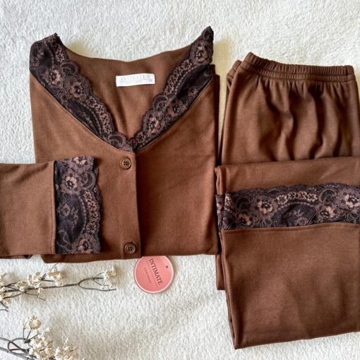 Pyjama Chemise Velours Soft & Dentelle Marron