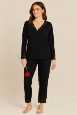 Pyjama Chemise Velours Soft & Dentelle Noir – Image 2
