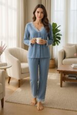 Pyjama Chemise Velours Soft & Dentelle Bleu Ciel – Image 2