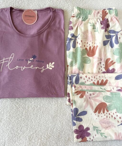 Pyjama Coton Demi Manches Violet "Love Grows Among Flowers"