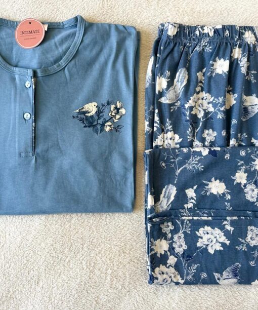 Pyjama Coton Bleu Fleuri