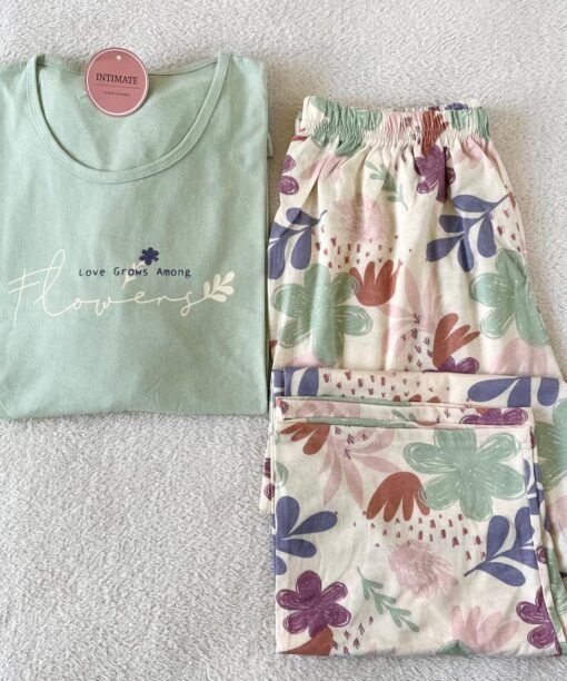 Pyjama Coton Vert "Love Grows Among Flowers"