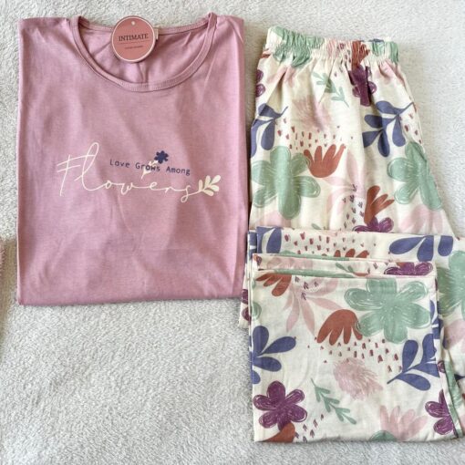 Pyjama Coton Rose "Love Grows Among Flowers"