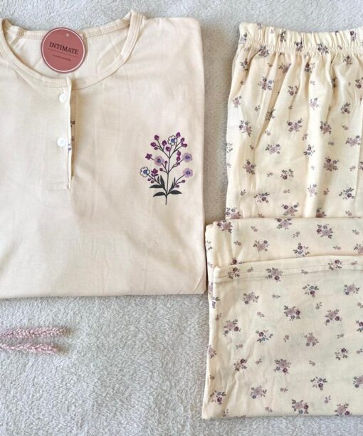 Pyjama Coton Beige Fleuri