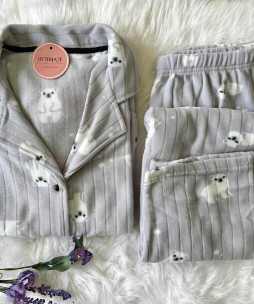 Pyjama Chemise Polaire Gris Imprimé Ourson