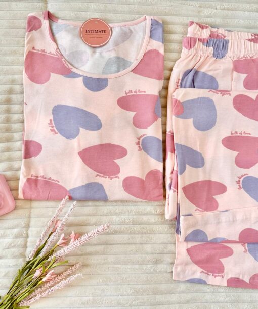 Pyjama Coton Rose Imprimé Cœurs