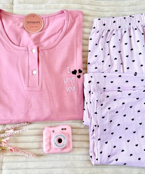 Pyjama Coton Rose Imprimé Cœurs Noirs
