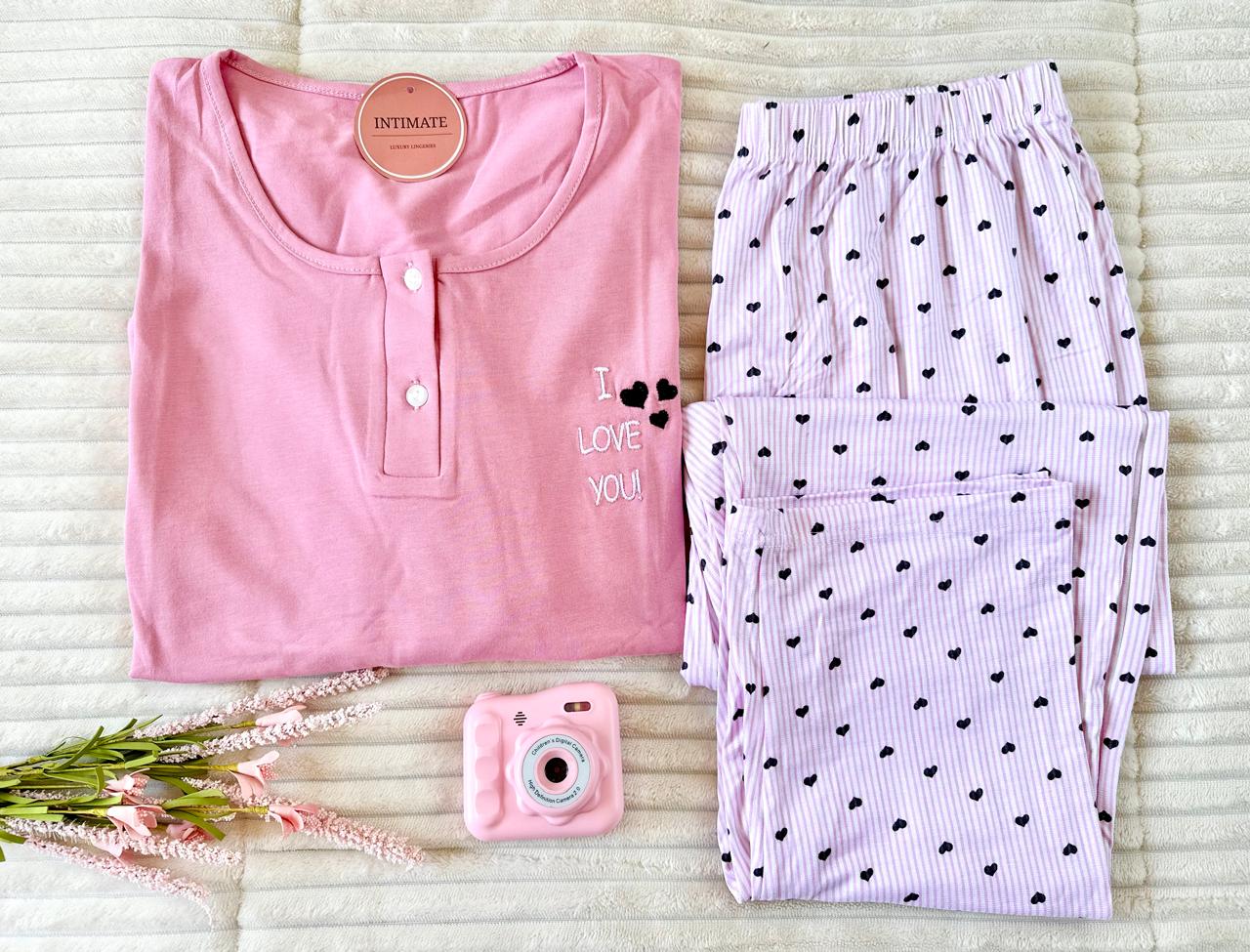 rosenoir Pyjama Coton Rose Imprimé Cœurs Noirs – Image 1