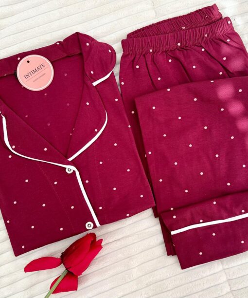 Pyjama Chemise Manches Longues Coton Rouge Bordeaux Pointillé