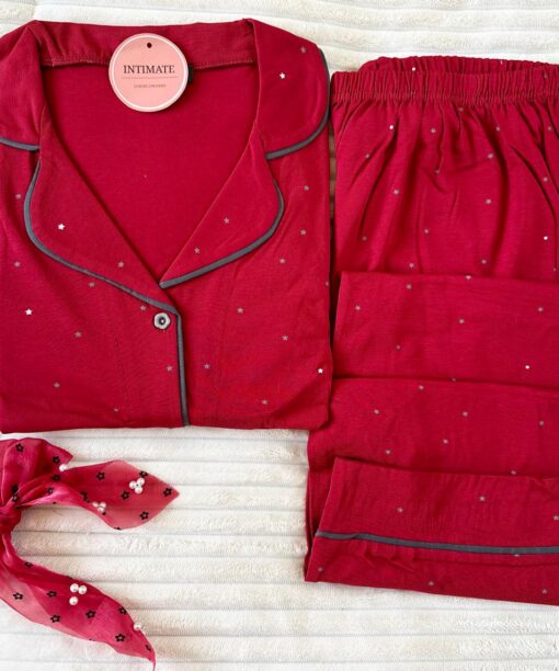 Pyjama Chemise Manches Longues Coton Rouge Bordeaux Pointillé Gris
