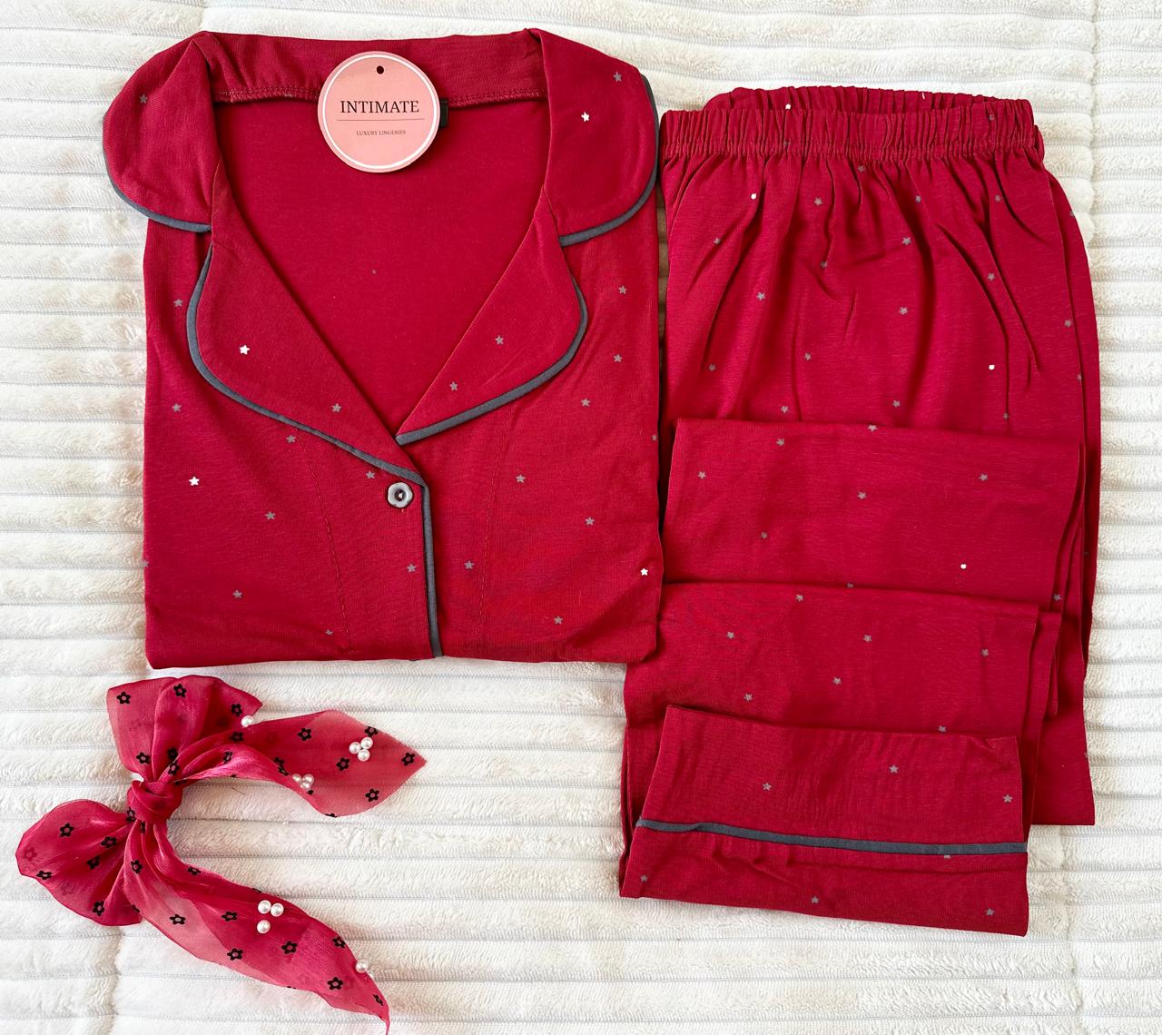 rouge-griss Pyjama Chemise Manches Longues Coton Rouge Bordeaux Pointillé Gris – Image 1