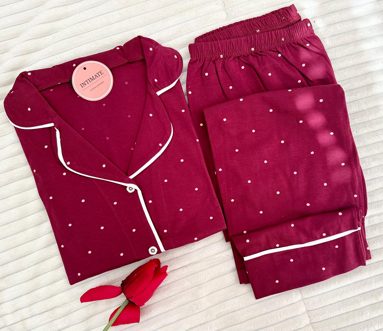 rouge Pyjama Chemise Manches Longues Coton Rouge Bordeaux Pointillé – Image 1