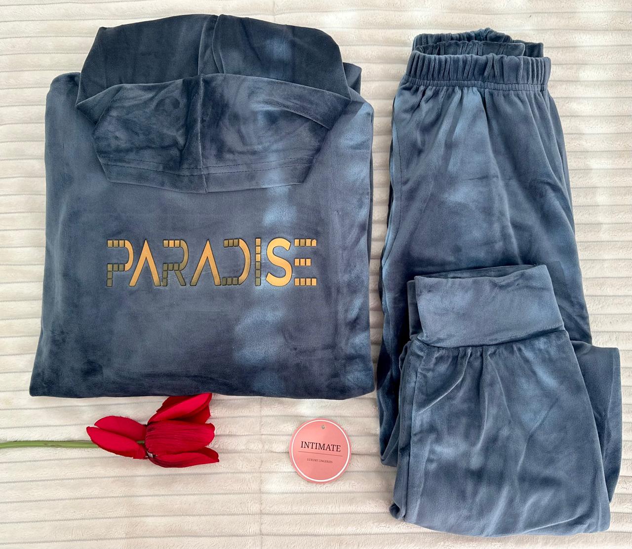 velour-gris Pyjama Velours Capuche Bleu "PARADISE" – Image 1