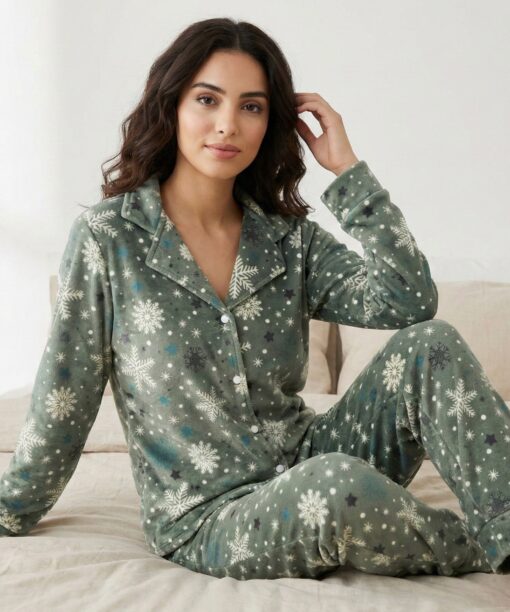Pyjama Chemise Velours Vert