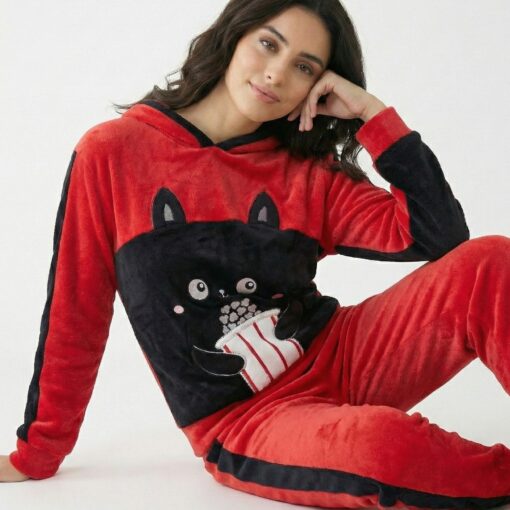 Pyjama Capuche Polaire Noir & Rouge