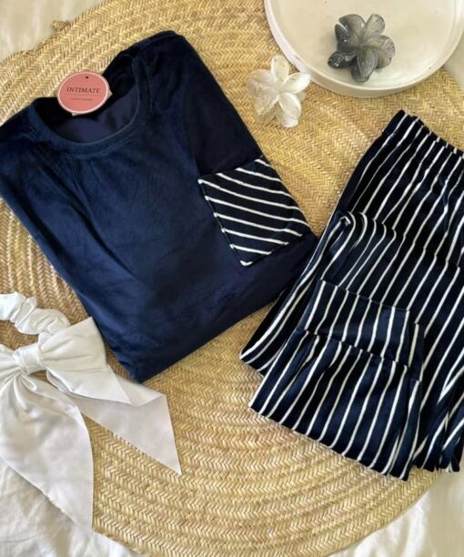 Pyjama Velours Bleu Marine Rayé