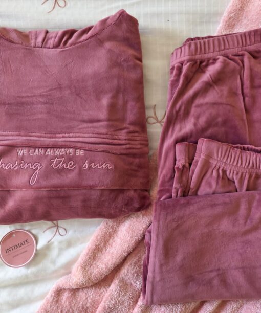 Pyjama Velours Capuche Rose " Chasing The Sun"