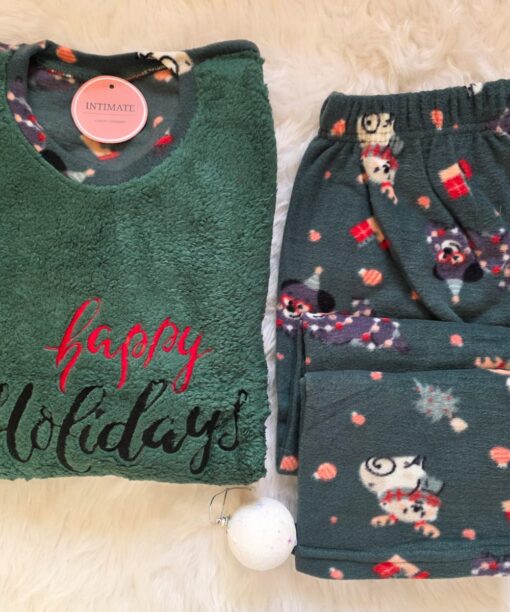 Pyjama Polaire Vert "Happy Holidays"