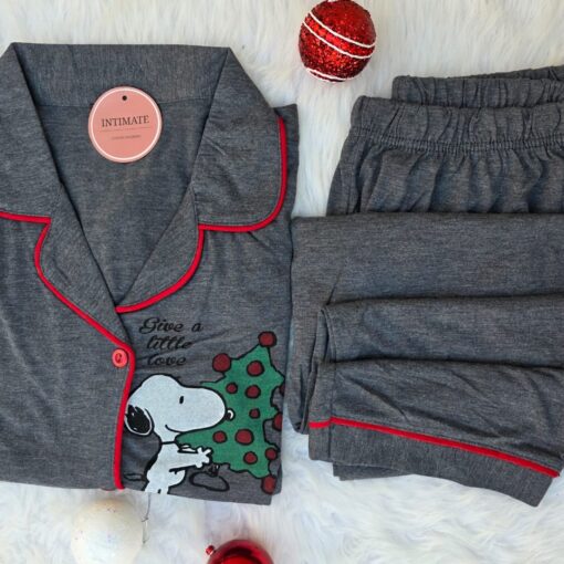 Pyjama Chemise Manches Longues Coton Gris Snoopy