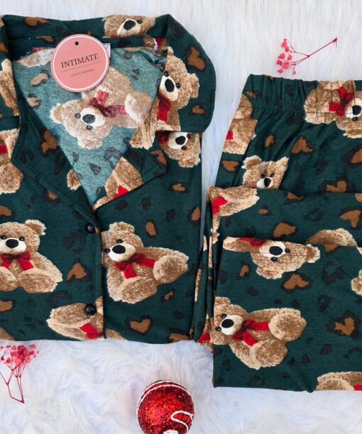 Pyjama Chemise Manches Longues Coton Vert Nounours