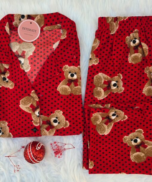 Pyjama Chemise Manches Longues Coton Rouge Nounours