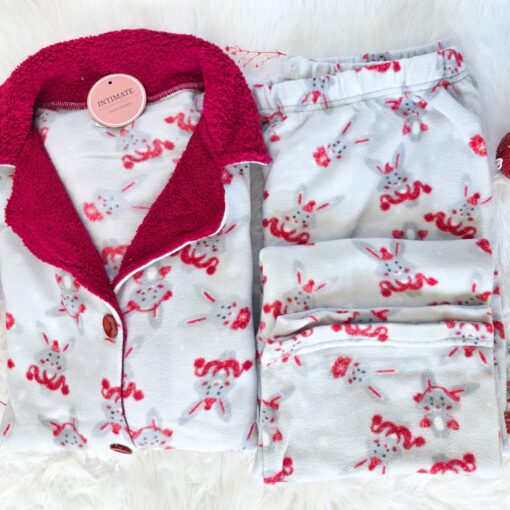 Pyjama Chemise Polaire Gris & Rouge Imprimé Lapin