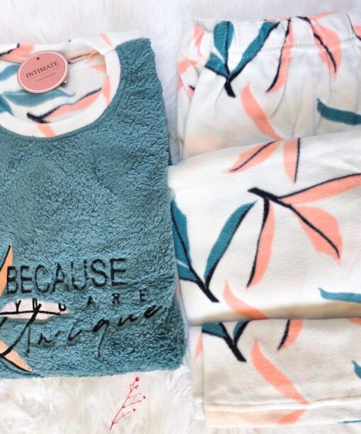 Pyjama Polaire Vert Doux & Corail "Because You Are Unique"