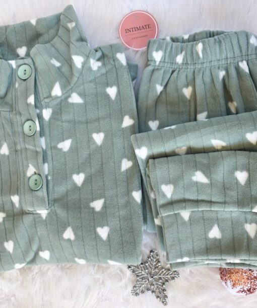 Pyjama Polaire Vert Doux Pointillé Cœurs
