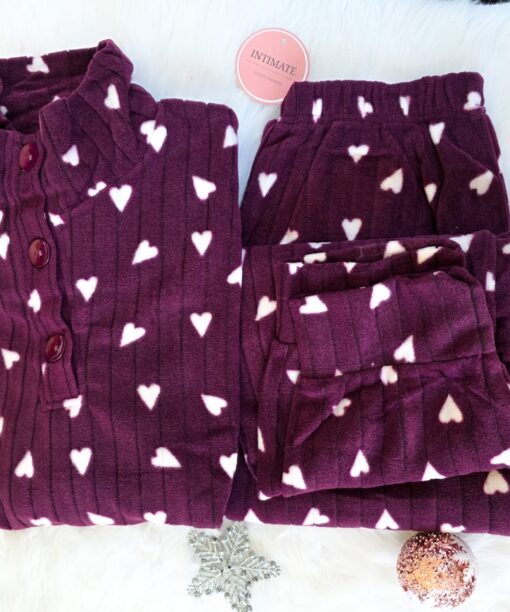 Pyjama Polaire Aubergine Pointillé Cœurs