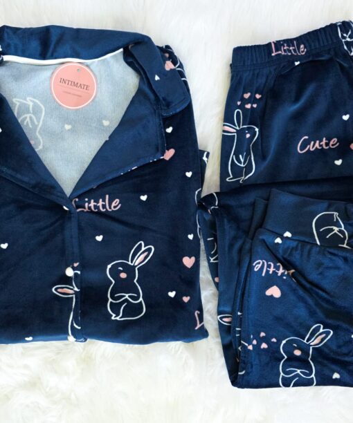 Pyjama Chemise Velours Bleu Imprimé Lapin
