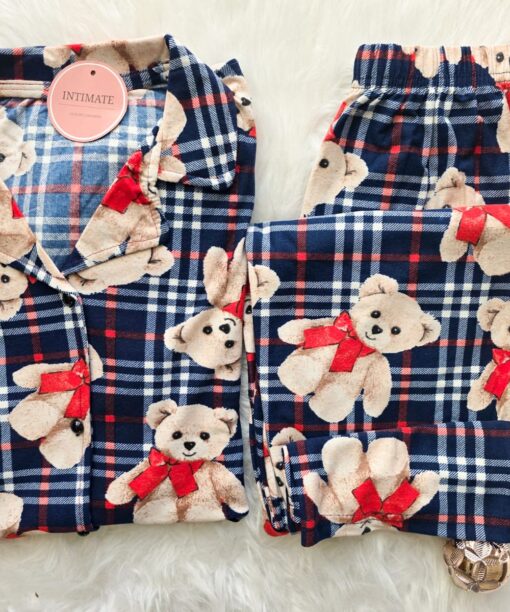 Pyjama Chemise Manches Longues Coton Bleu Nounours