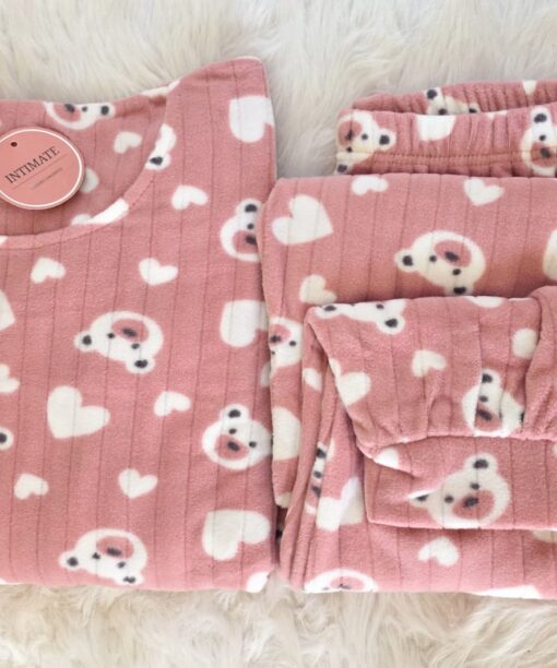 Pyjama Polaire Rose Imprimé Nounours & Cœurs