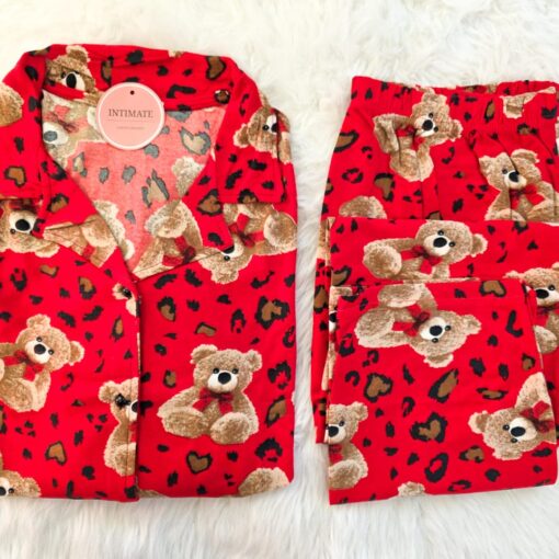 Pyjama Chemise Manches Longues Coton Rouge Nounours & Cœurs