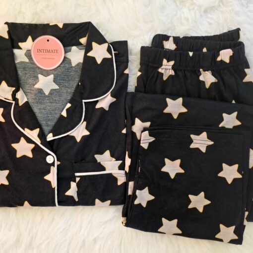 Pyjama Chemise Manches Longues Coton Noir Imprimé Étoiles
