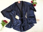 Pyjama 3 Pièces Velours Plissé Bleu & Dentelle Noire – Image 2
