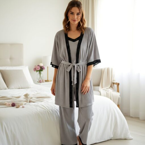 Pyjama 3 Pièces Velours Plissé Gris & Dentelle Noire