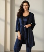 Pyjama 3 Pièces Velours Plissé Bleu & Dentelle Noire