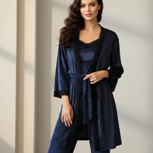 Pyjama 3 Pièces Velours Plissé Bleu & Dentelle Noire