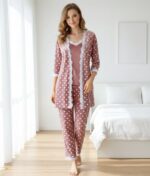 Pyjama 3 Pièces Velours Rose Pointillé Blanc