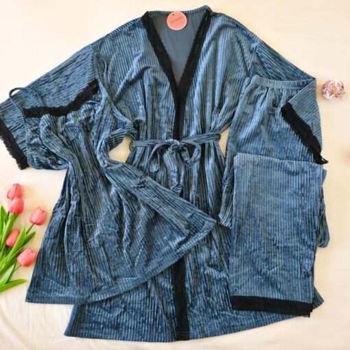 Pyjama 3 Pièces Velours Plissé Bleu Turquoise & Dentelle Noire