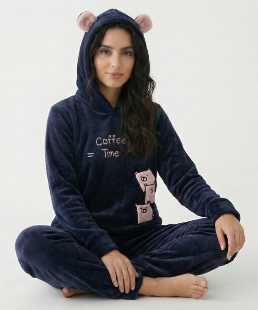 Pyjama Capuche Polaire Bleu Nuit  "Coffee Time "
