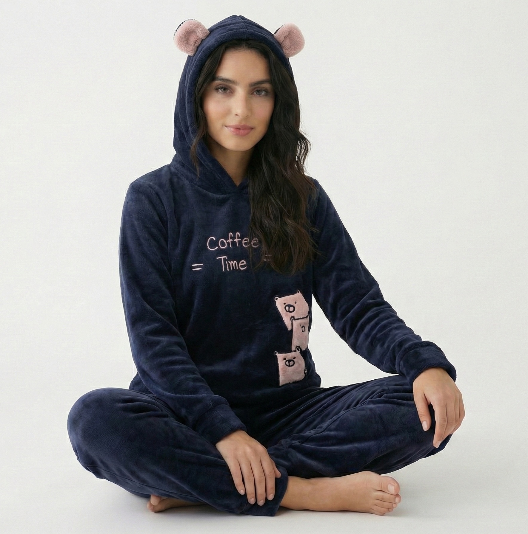1765690706437 Pyjama Capuche Polaire Bleu Nuit "Coffee Time " – Image 1