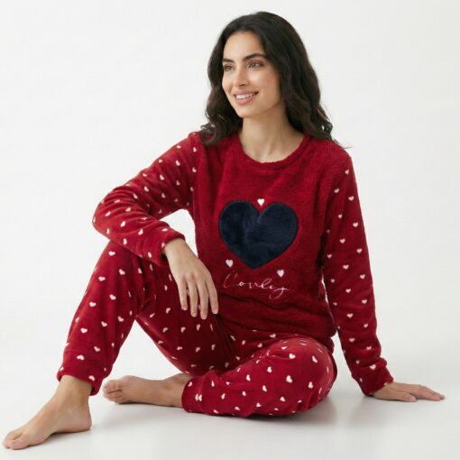 Pyjama Polaire Rouge Imprimé Cœurs