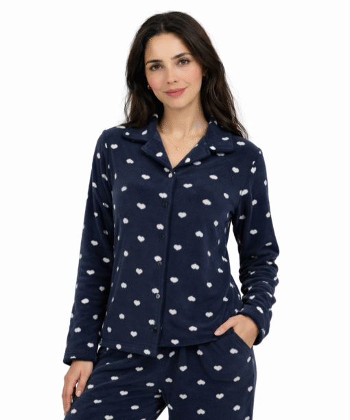 Pyjama Chemise Polaire Bleu Imprimé Coeurs Blanc