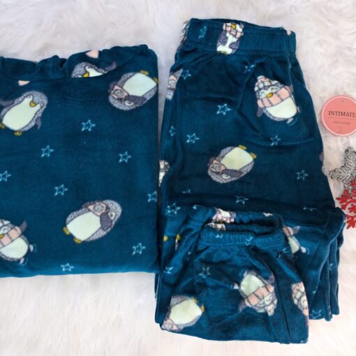 Pyjama Velours Capuche Bleu Imprimé Pingouin