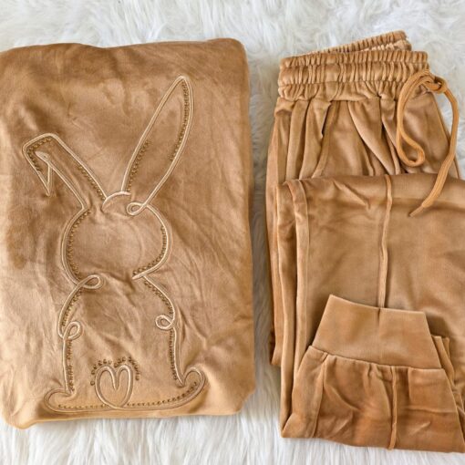 Pyjama Velours Capuche Beige Lapin