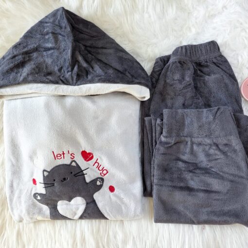 Pyjama Velours Capuche Gris Charbon " Let's Hug"